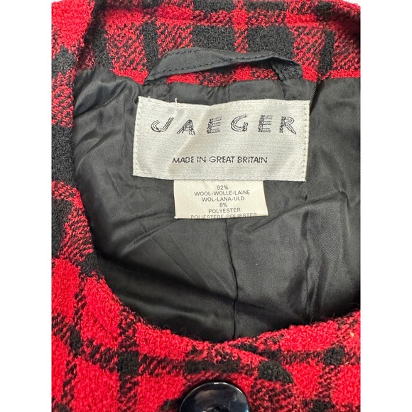 Vintage 80s 90s JAEGER Great Britain Red Black Plaid Jacket Wool Boucle Sz 14 - Picture 2 of 10